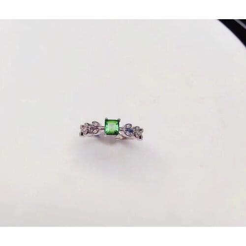 Elegant Silver Leaf Ring with Gemstone 4mm Natural Diopside Silver Ring for Young Girl 925 Silver Diopside Jewelry Gift for Girl