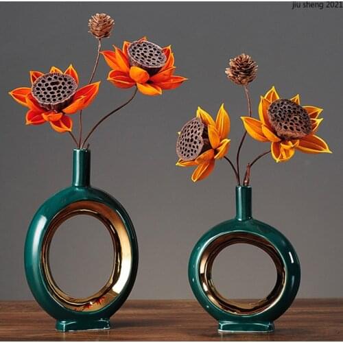 Creative Hollow Vase Green Ceramic Desktop Flower Arrangement European Style Dining Table Dried Flower Decoration Vase Home Deco