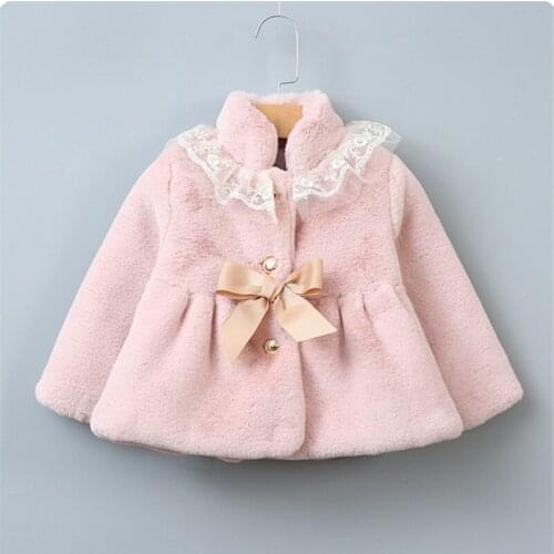 Girls Jackets Winter Children 2-6 Yre Solid Color Thick Cotton Quilted Baby Cardigan Rabbit Fur Korean Lace Warm Outing Overcoat