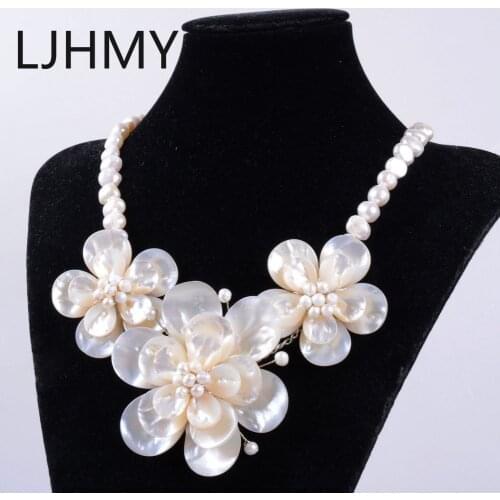 LJHMY new Mother of pearl mop shell pearl 3pcs flower necklace 20"Women Wedding Party Necklace Gift