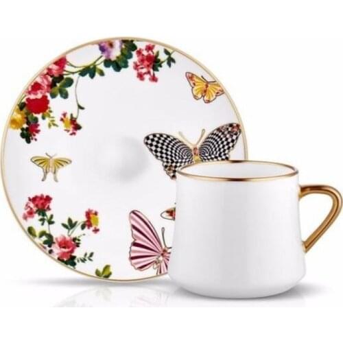 Butterfly Patterned Porcelain Large Sized Cup Set, Luxurious, Elegant 6 Teacups with Gold Detail, 6 Plates