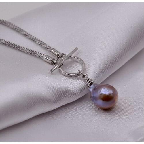 Baroque rope necklace. Flame spherical pearl pendant. OT buckle design. Necklace in sterling silver. Womens Pearl Necklace