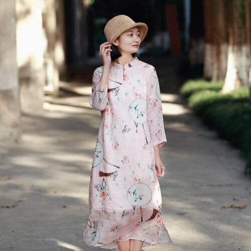 Women Cheongsam Dress Ladies Loose Printed Ramie Qipao Dress Female 2020 Spring Chinese Style Dresses