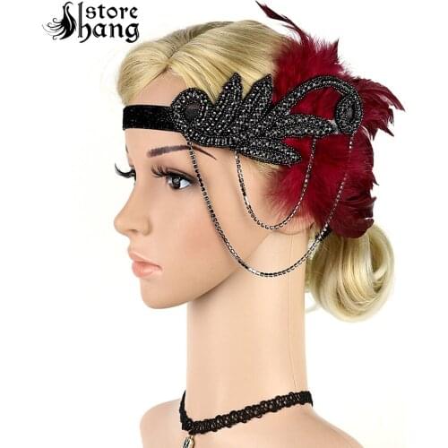Retro Feather Headpiece 1920s Great Gatsby Flapper Headband with Tassel Chains Downton Abbey Ladies Flower Crystal Hairband