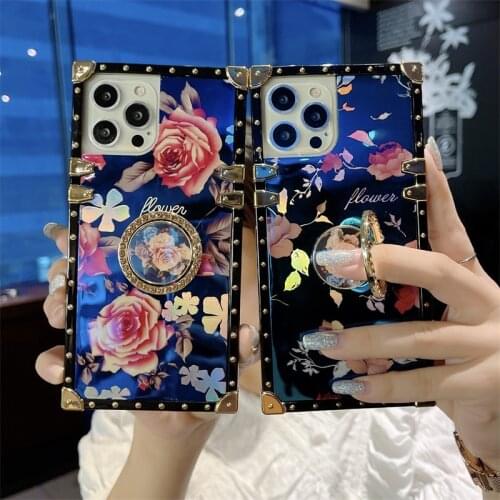 Luxury Retro Blue Ray peony rose letter square crystal bling phone case For iPhone 11 Pro XS Max XR X 6 6S 7 8 Plus Soft cover