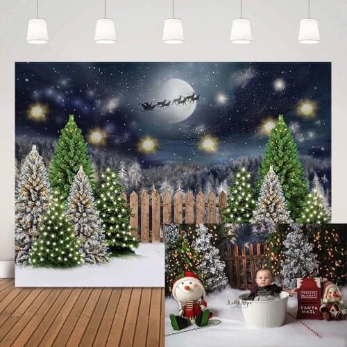 Christmas Snow Winter Wonderland Backdrop for Photography Christmas Trees Big Moon Elk Background Children Portrait Photo Shoot