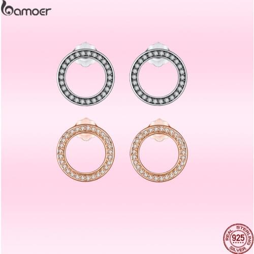 Bamoer 100% 925 Sterling Silver Round Fashion Stud Earrings for Women Shiny Luxury Zircon Summer Elegant Wedding Jewelry GOS437
