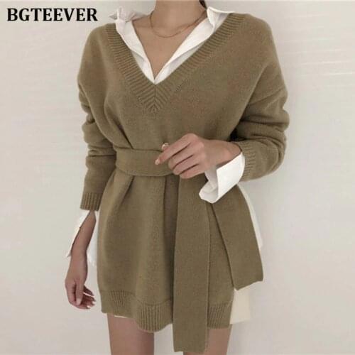 2020 New Irregular Women Sweater V-neck Lace Up Female Knitted Pullovers Long Sleeve Sweater Autumn Winter Knitted Jumpers