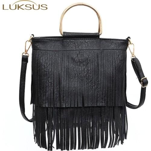 LUKSUS Vintage Lady Style Designer Tassel Messenger Bags for Women Metal Ring Handbags Black Pink Grey sac femme 2020 bolsos