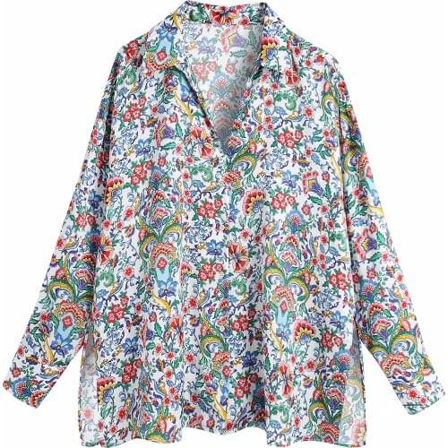 Za New Women Retro Floral Print Simple Style Loose Long Sleeve Shirt Casual Split Hem Chic Tops XITIMEAO