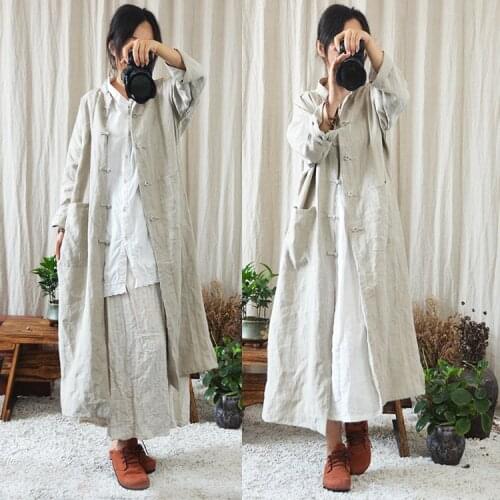 Women Handmade Button Retro Solid Color Chinese Style Trench Coat Outwear Ladies Long Ovetcoat Female Vintage Coat