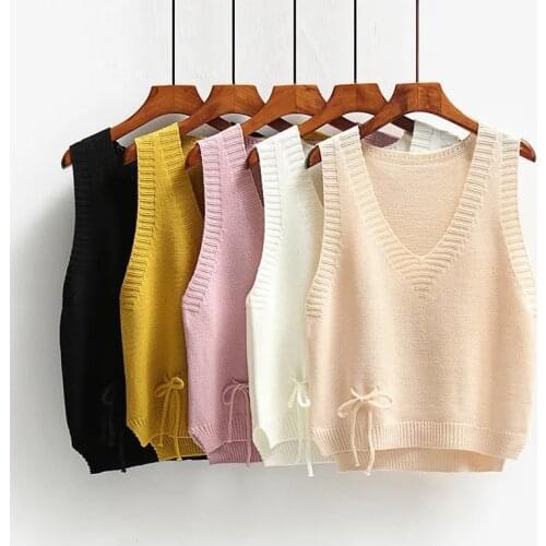 Black Pink Sweater Vest Women Solid Color Casual Loose V-neck Sleeveless Knitted Pullover Autumn Winter New Bow Decor Korean