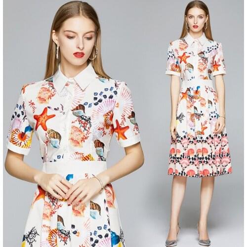 Euro-American England Style Elegant Fashion Office Vintage Shirt Dress 2021 Summer Design Print Women Button Knee-Length Dresses