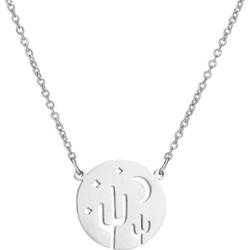 1pc Stainless Steel Round Cactus And Starry Sky Pendant Necklace Simple Charms Necklaces Women Girls Fashion Jewelry