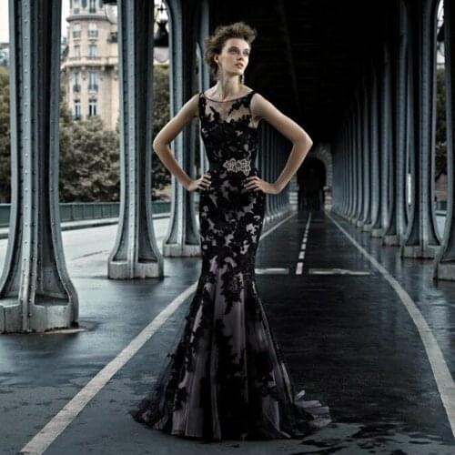 2016 Elegant Long Black Lace Mermaid Evening Dresses vestido de fiesta largos sereia Renda Red Beading Crystal Evening Gowns