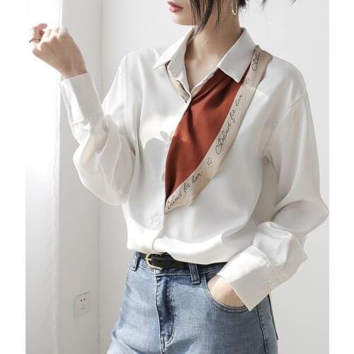 2021 New White Shirt Beautiful Womens Elegant Blouse Long Sleeve Silk Top Satin V Neck Office Basic Chiffon Summer Blouse Women