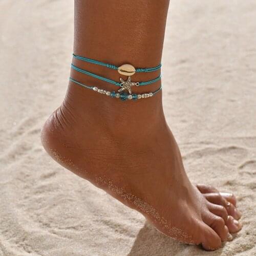 3Pcs/Set Boho Geometric Starfish Natural Shell Rope String Anklet for Women Vintage Round Beads Handmade Ankle Bracelet Jewelry