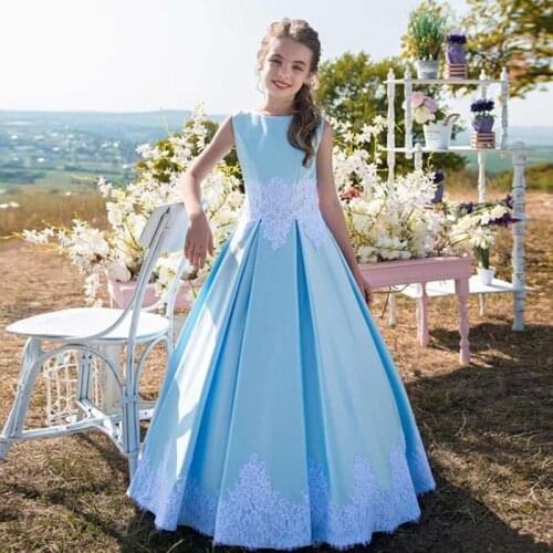Elegant Blue Flower Girl Dresses Satin Princess Sleeveless White Lace Appliques Bow Lace Up Pleat Holy Communion Dresses