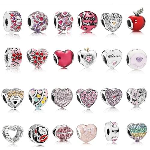 Heart Beads 925 Sterling Silver Fit Pandora Original Charm Bracelet Silver 925 Pink Zircon Fashion Jewelry Valentines Day Gift