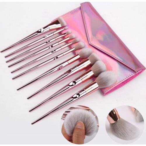 Custom Label Premium 10pcs Makeup Brushes Kit Foundation Highlight Eyeshadow Blush Loose Powder Blending Cosmetic Set Luxury Bag