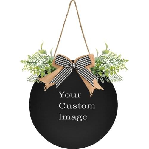 Custom Pattern PVC Round Door Sign Welcome Hanging Plaque With Elegant Bow And Artificial Green Plants Decor Hang On Wall / Door