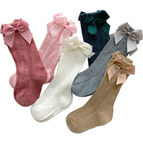 2021-07-03 Lioraitiin 1-8Years Toddler Baby Girl Breathable Knee-high Stockings Sweet Style Bow Decoration Hollow Mesh Leggings