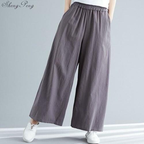 Linen pants women linen clothes for women elastic waist comfortably solid wide leg white linen pants free size V1445