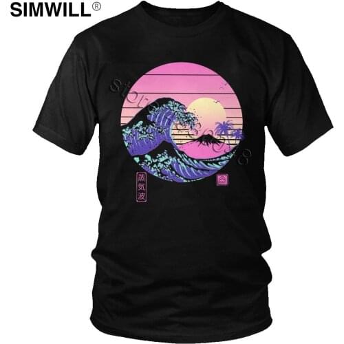 80S Japanese Aesthetic Vaporwave T Shirt Men 100% Cotton Retro Synthwave Wave T-Shirt Short Sleeves Fashion Casual Tees Gift