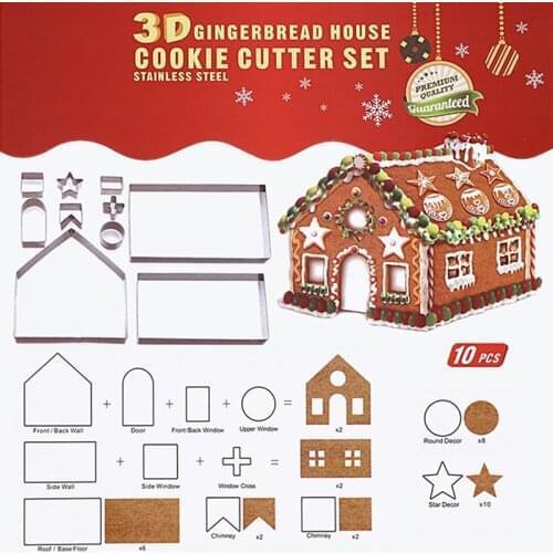 10Pcs Stainless Steel Cookie Cutter Set 3D Gingerbread House Biscuit Mold Fondant Pastry Bread Cutter Cake Dessert Baking Tool