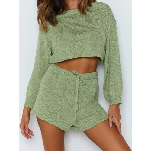 HGTE Women Sets Streetwear Two Piece Sweater Suits Summer Autumn Sexy 2 Pcs Outfits Fashion Long Sleeve Crop Top and Shorts Set