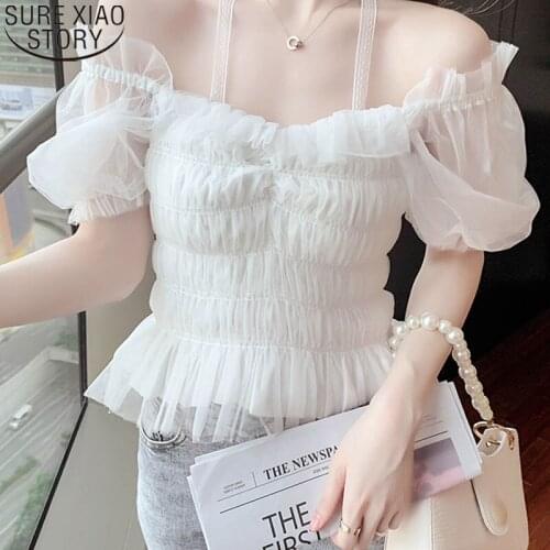 2021 Summer New Sexy Women Shirts Korean Mesh Blouse Elegant Ladies Tops Blusas Off-the-shoulder Short Sleeve White Tops 14503