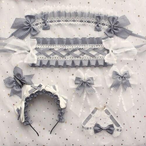 Original Handmade Black and White Plaid Lolita KC Headdress Vintage Lace Trim Bowknot Ornaments Pseudo Bnt Hairpin Hair Clasp