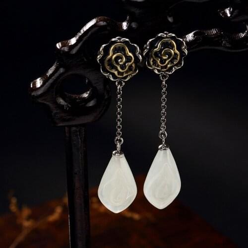 S925 pure silver inlay restoring ancient ways ms hetian jade white jade tulip wholesale high-grade silver stud earrings