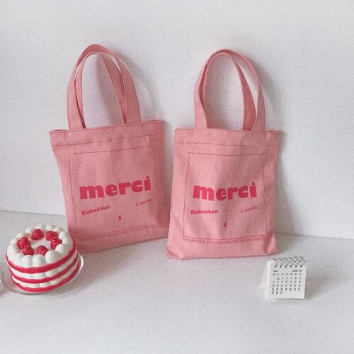 New Retro Womens Shoulder Bag Simple Pink Letter Merci Canvas Bag Literary Womens Buckle Tote Bag Large Capacity Handbag