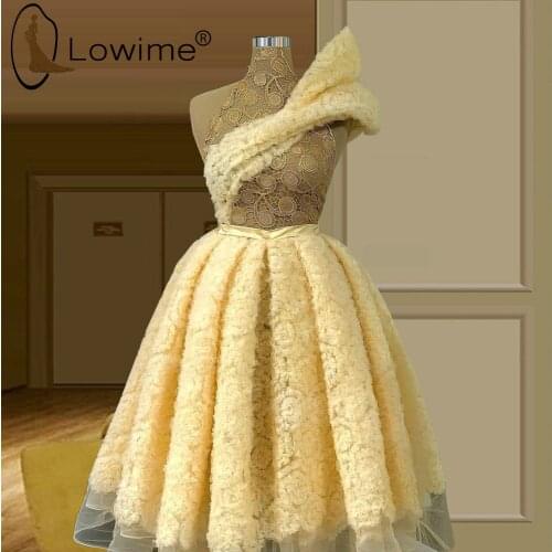 Light Yellow Rose Lace Prom Dresses 2021 A Line Puffy Ruched Short Prom Gowns Knee Length Party Dresses