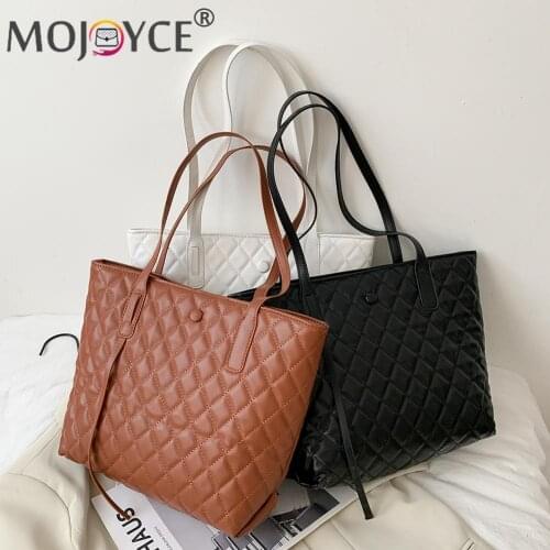 Youth Ladies Simple Versatile Bag Fashion Female Lattice Pattern Shopping Bag Big Capacity PU Shoulder Tote Clutch