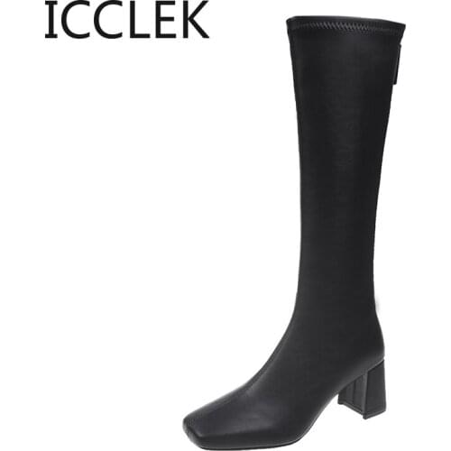 New Women Top Quality Knee High Boots Chunky Heels Dancing Night Club Shoes Woman Punk Riding Boots Mid-calf Winter Black 35-43