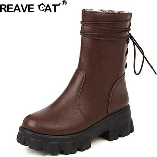 Reave Cat Punk Women Mortorcycle Mid-Calf Boots Shoes Round Toe Thick Bottom Platform Winter Warm Lace Up Ladies 34-43 S2456