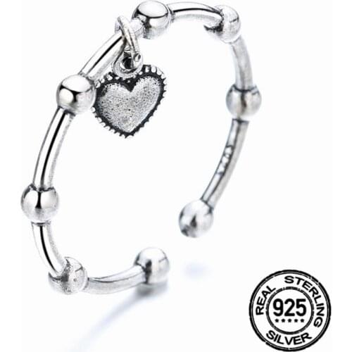 925 Silver Womens Rings Small Round Beads Heart Shaped Pendant Adjustable Opening Vintage Temperament Female Fine Jewelry 2021