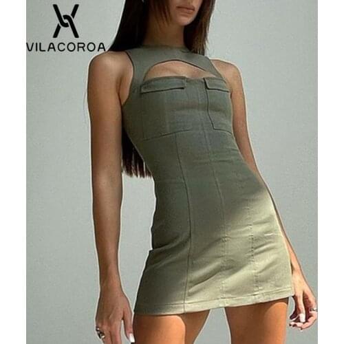 O-Neck Hollow Green Dress Womens Clothes Summer 2021 Pocket Patchwork Bodycon Tight Buttocks Dress Femme Street Sexy Dresses