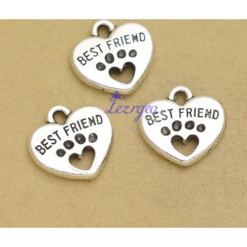 20pcs/lot--14x15mm, Antique silver plated double sided best friends paw heart Charms ,DIY supplies, Jewelry accessories