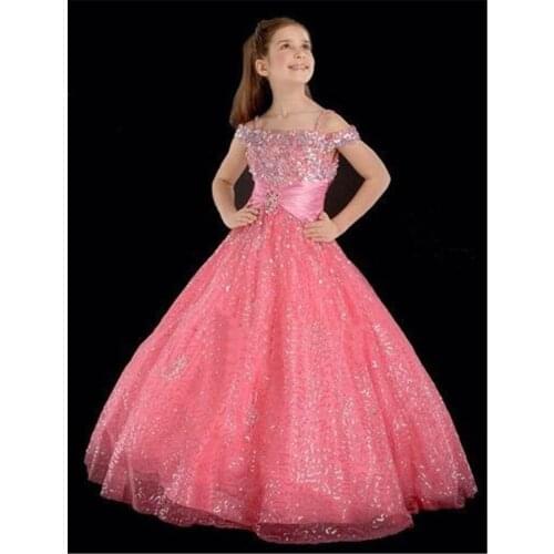 2016 New Lovely Pink Flower Girls Dresses Off Shoulder Floor Length Sequins A Line Girls Pageant Dress GL