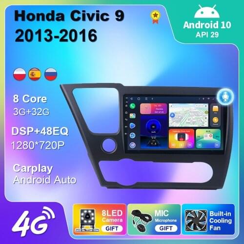 4G WIFI Android 10 For Honda Civic 9 2013-2019 Stereo Car Radio Multimedia GPS Navigation Android Auto Carplay 2 din DVD Player