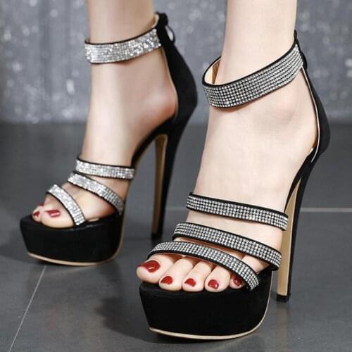 Women sandals Flock Sequined Cloth Slip On 14cm Thin Heels High heels Round Toe Rhinestones Shallow women shoes size 35-42