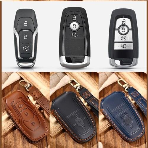 Dandkey For Ford Fusion Mustang F150 250 Explorer Expedition Edge Genuine Leather Car Case Remote Key Fob Shell Protection Cover