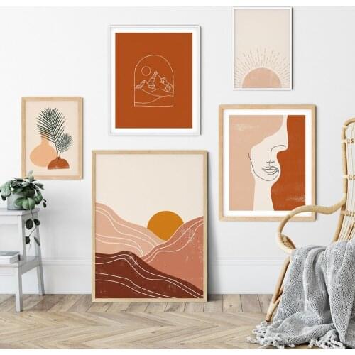 Boho Art Prints Abstract Landscape Poster Bundle Line Art Women Face Gallery Wall Pictures Horizon Sun Paintings on Canvas Decor