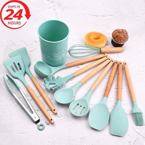 Kitchen Utensils Food Grade Silicone Kitchenware Household Wooden Beech Handle Cooking Baking Tools Spatula Kitchen Accessorie