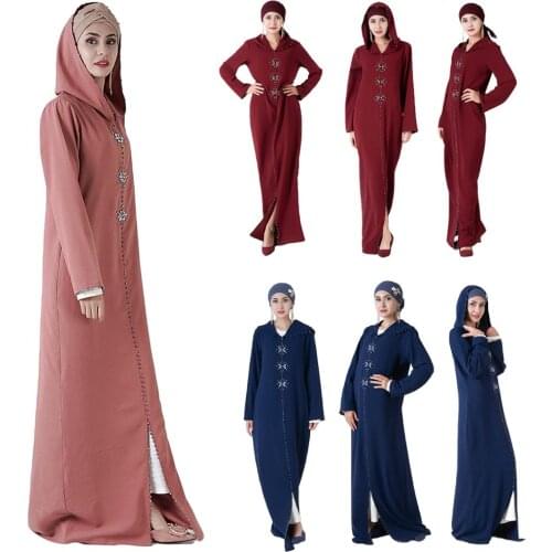 Fashion Women Muslim Long Sleeve Maxi Dress Loose Casual Kaftan Moroccan Caftan Rhinestone Mexico Ladies Clothing Dubai New