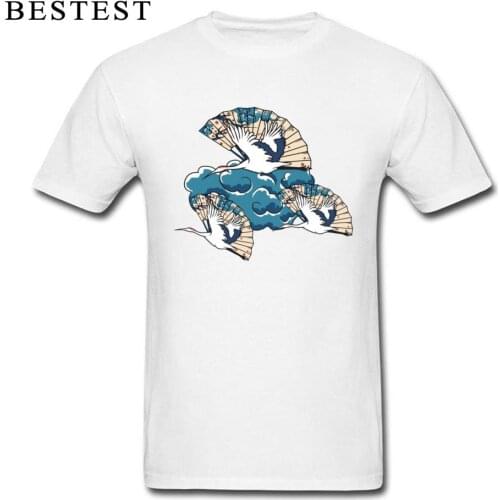 Casual Men T-shirt 2019 New Japan Style T Shirt Fan & Bird Print Harajuku Tshirt Chic Manga Tees Cotton White Male Tops Normal