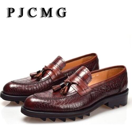PJCMG New Mens British Style Genuine Crocodile Pattern Leather Pointed Toe Lace-Up Cowhide Dress Wedding Flat Oxford Men Shoes